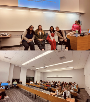 Top photo displays UConn SLHS graduate students talking to the NSSLHA chapter. Bottom photo displays the NSSLH chapter during the graduate panel meeting. 